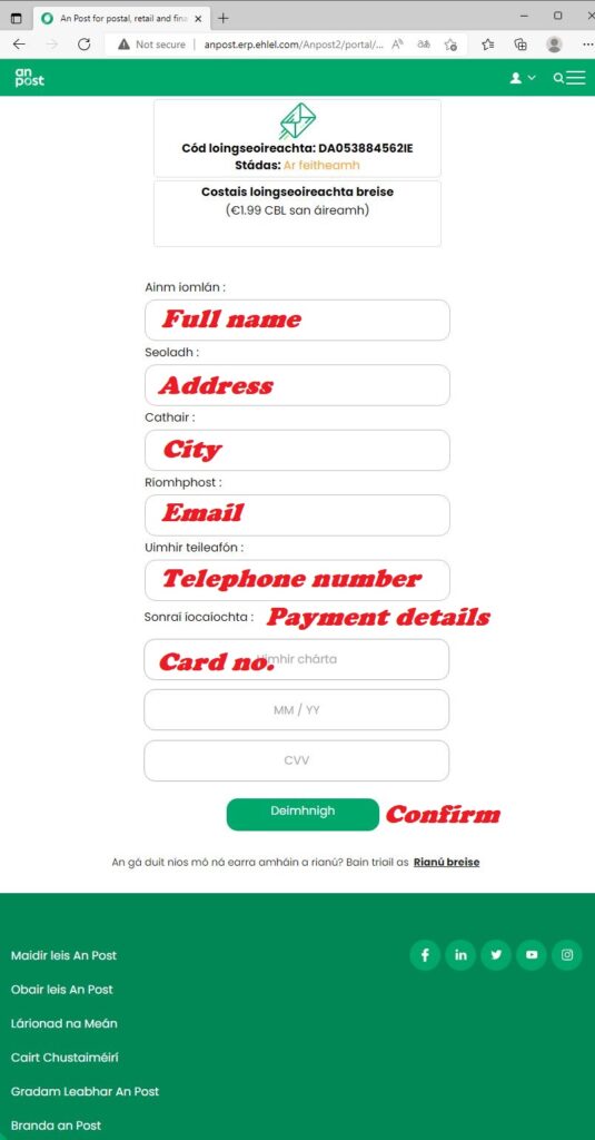 An post scam website, which is in Irish, looking for personal data and payment card information.