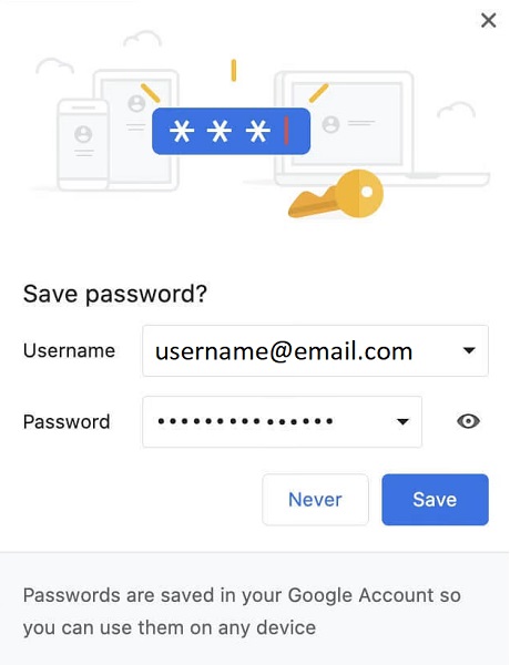 The Chrome password manager offering to save a password for the user.