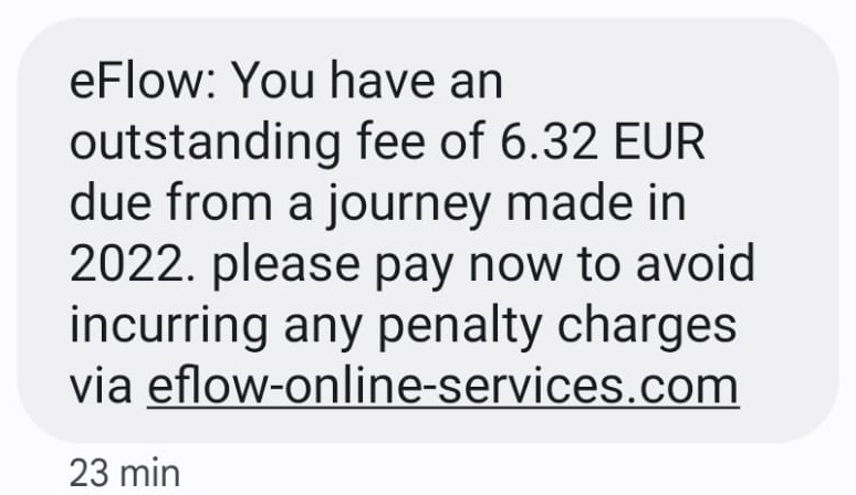 Scam eFlow text message with malicious link